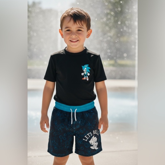 Sonic The Hedgehog Other - Sonic the Hedgehog Boys Swim Trunks Size 4/5 Blue Black Let's‎ Roll!